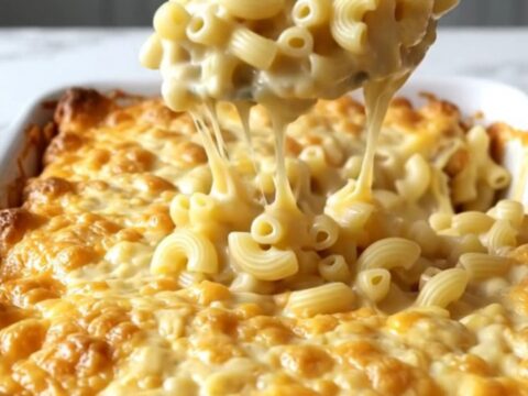 A top-down view of a rectangular baking dish filled with creamy, golden-brown baked macaroni and cheese.