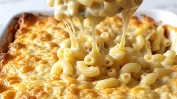 A top-down view of a rectangular baking dish filled with creamy, golden-brown baked macaroni and cheese.