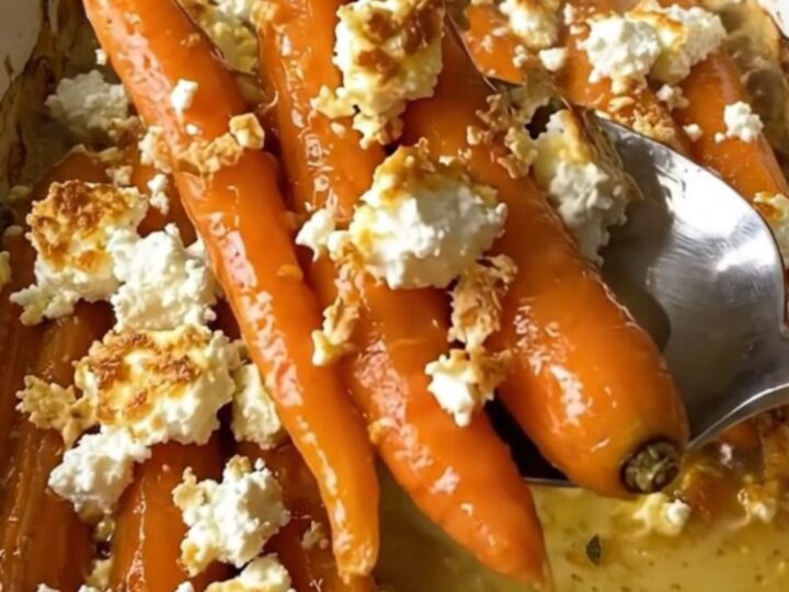 A large ceramic baking dish filled with roasted whole carrots glazed in honey butter and topped with crumbled feta cheese.