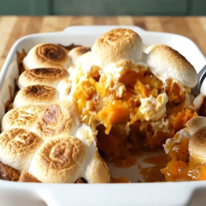 A rectangular ceramic baking dish filled with roasted sweet potatoes