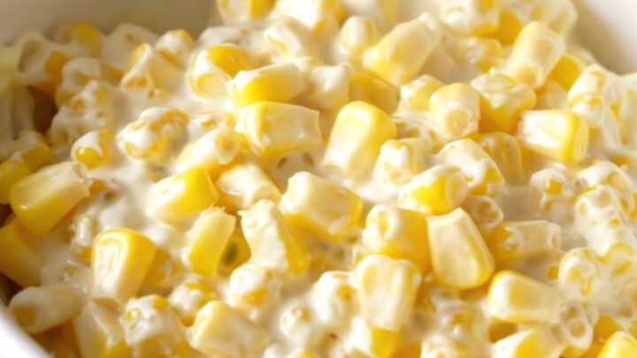 A close-up shot of creamy slow-cooked corn served in a white bowl with a gentle steam rising.