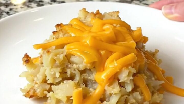 A close-up of creamy, cheesy hash brown potatoes in a black slow cooker bowl.
