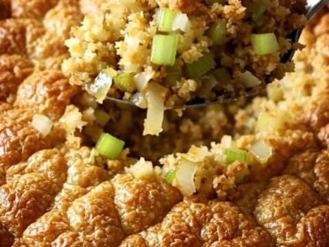 A top-down view of a rectangular baker filled with golden-brown, rustic cornbread dressing.