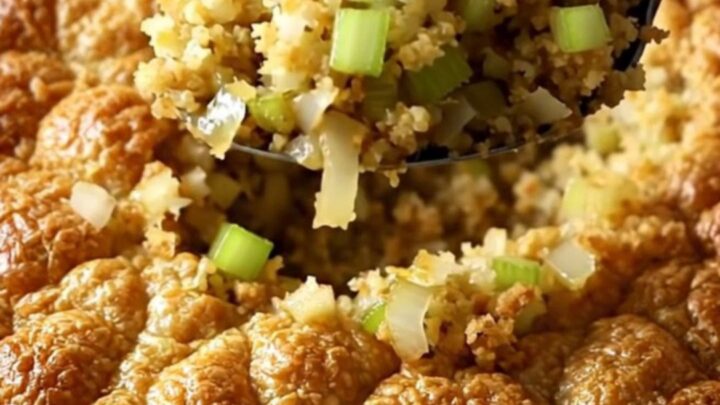 A top-down view of a rectangular baker filled with golden-brown, rustic cornbread dressing.