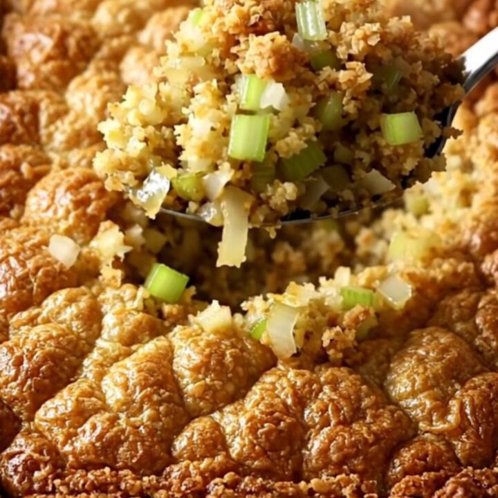 A top-down view of a rectangular baker filled with golden-brown, rustic cornbread dressing.