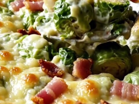 A top-down view of a rectangular baking dish filled with raw, halved Brussels sprouts and garlic cream.