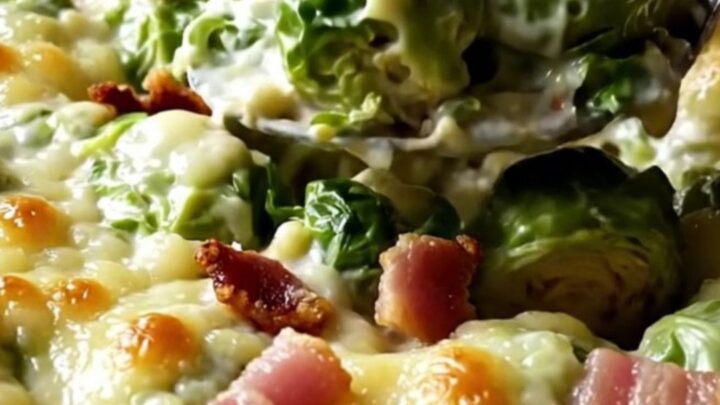 A top-down view of a rectangular baking dish filled with raw, halved Brussels sprouts and garlic cream.