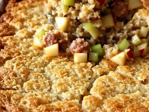 A golden-brown sausage and apple stuffing bake in a white ceramic dish, showing crisp bread cubes and bits of apple.