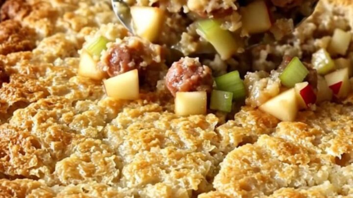 A golden-brown sausage and apple stuffing bake in a white ceramic dish, showing crisp bread cubes and bits of apple.