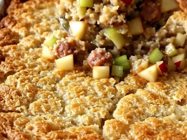 A golden-brown sausage and apple stuffing bake in a white ceramic dish, showing crisp bread cubes and bits of apple.