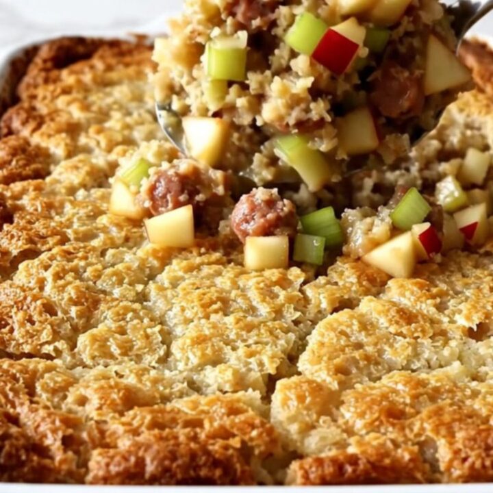 A golden-brown sausage and apple stuffing bake in a white ceramic dish, showing crisp bread cubes and bits of apple.