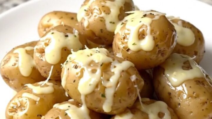 A top-down view of raw halved baby potatoes in a black slow cooker, ready to be seasoned.