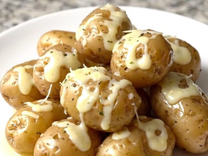 A top-down view of raw halved baby potatoes in a black slow cooker, ready to be seasoned.