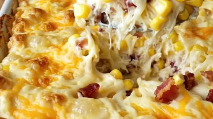 A top-down view of a rectangular baking dish filled with corn, cream cheese cubes, and bacon before baking.