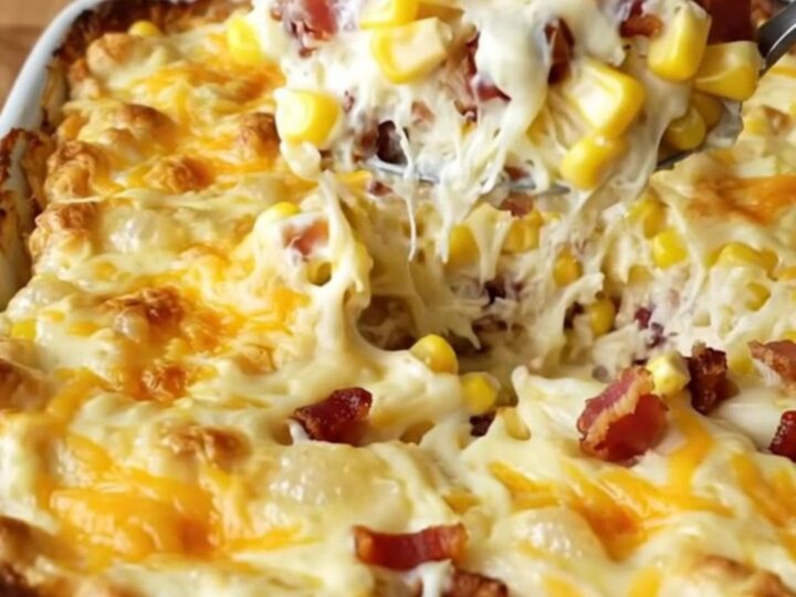 A top-down view of a rectangular baking dish filled with corn, cream cheese cubes, and bacon before baking.