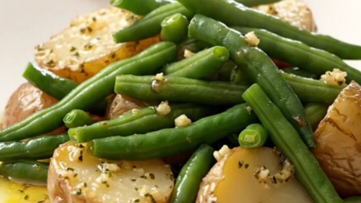 A close-up view of tender green beans and halved baby red potatoes in a garlic butter sauce inside a slow cooker.