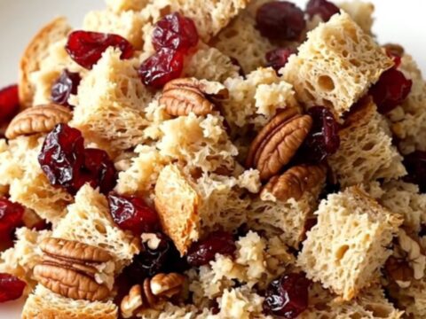A festive slow cooker filled with cranberry pecan stuffing on a white quartz countertop.