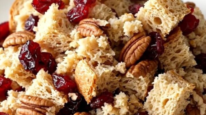 A festive slow cooker filled with cranberry pecan stuffing on a white quartz countertop.