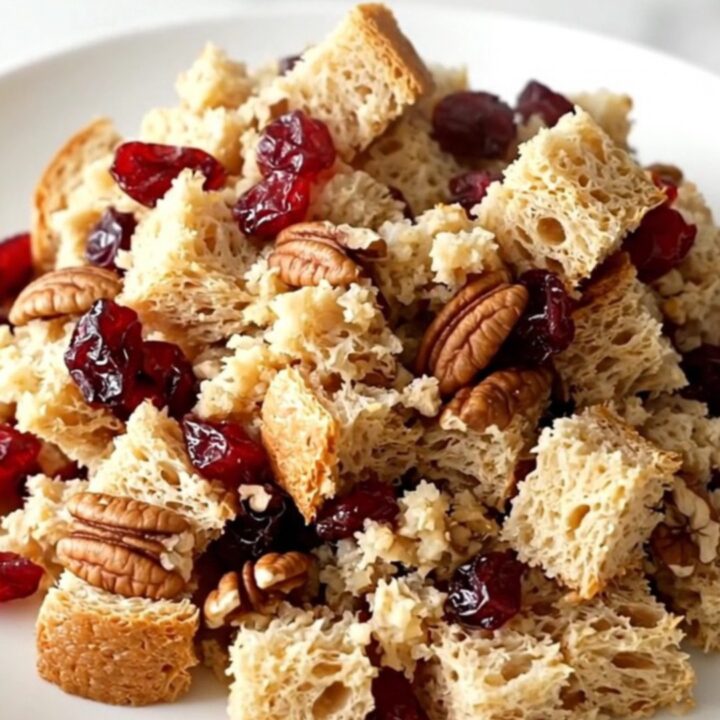 A festive slow cooker filled with cranberry pecan stuffing on a white quartz countertop.