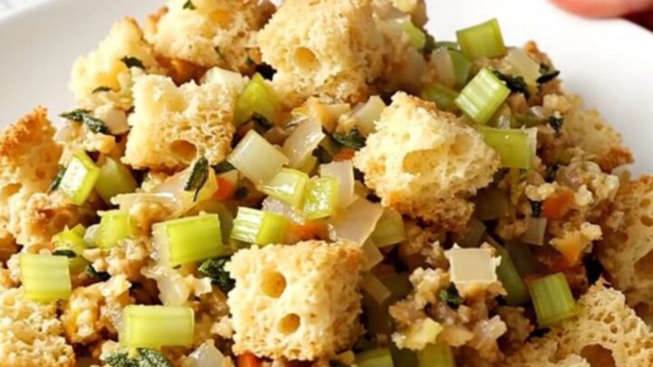 A close-up view of the finished slow cooker cornbread sage stuffing served on a white plate.