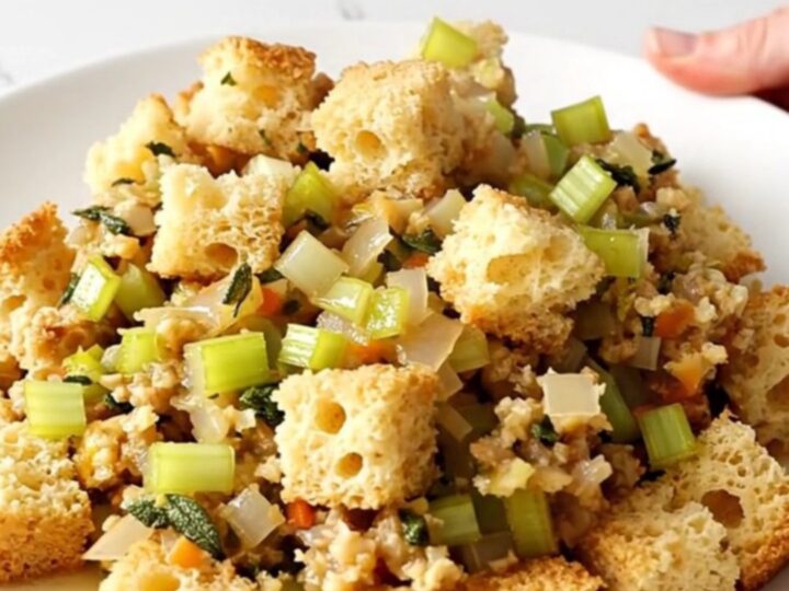 A close-up view of the finished slow cooker cornbread sage stuffing served on a white plate.