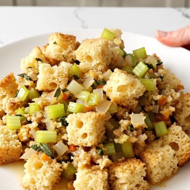 A close-up view of the finished slow cooker cornbread sage stuffing served on a white plate.