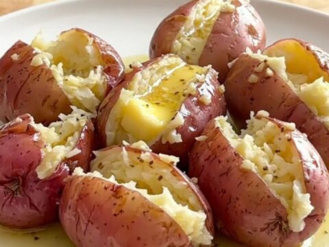 A top-down view of tender, butter-soaked baby red potatoes in a slow cooker, ready to be served.