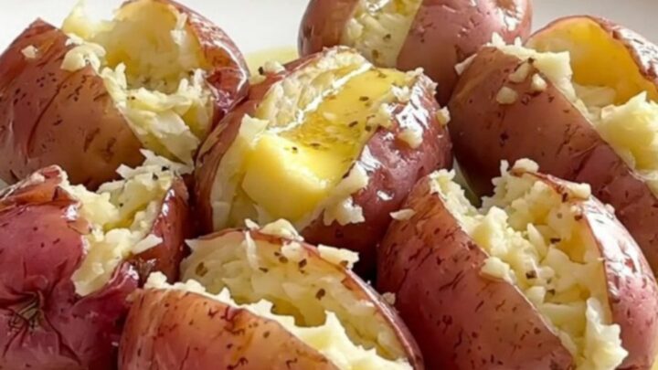 A top-down view of tender, butter-soaked baby red potatoes in a slow cooker, ready to be served.