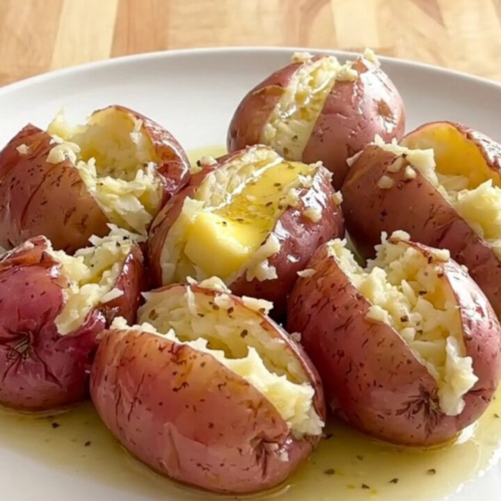 A top-down view of tender, butter-soaked baby red potatoes in a slow cooker, ready to be served.