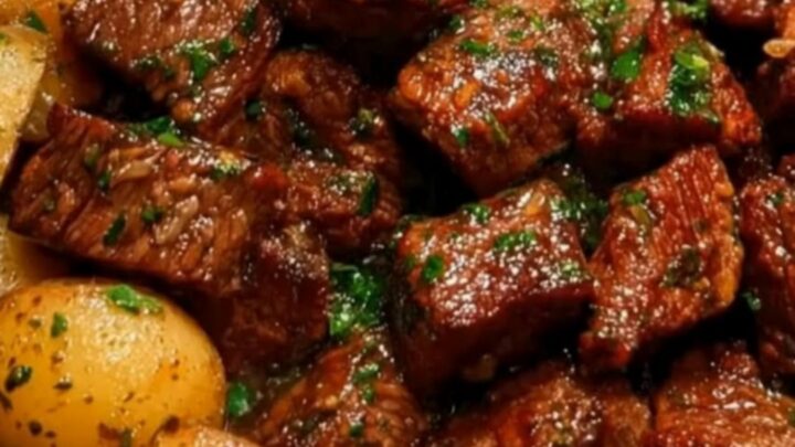 Slow cooker garlic butter beef bites and halved baby potatoes garnished with fresh chopped parsley