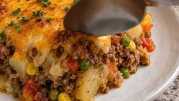 A steaming portion of hobo casserole on a white plate with a golden, bubbly cheese crust.