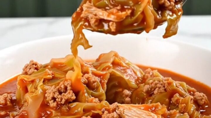 A close-up of a bowl of cabbage roll stew featuring ground turkey and chopped cabbage in a rich red tomato sauce.