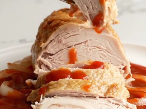 A sliced, succulent slow-cooked turkey breast covered in a rich, dark cherry cola and onion glaze on a white plate.