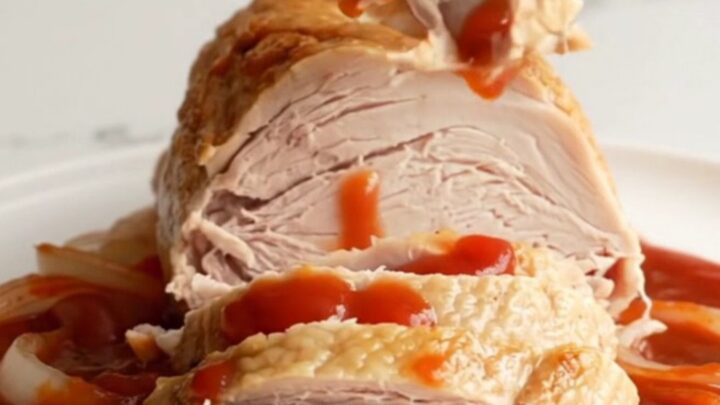 A sliced, succulent slow-cooked turkey breast covered in a rich, dark cherry cola and onion glaze on a white plate.