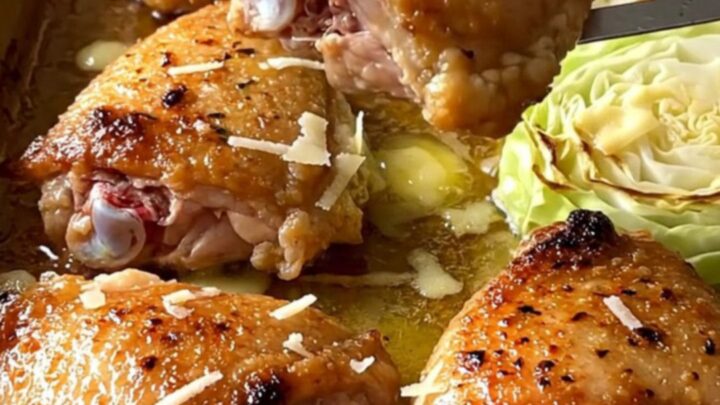 A sheet pan filled with golden-brown chicken thighs and tender roasted cabbage wedges.