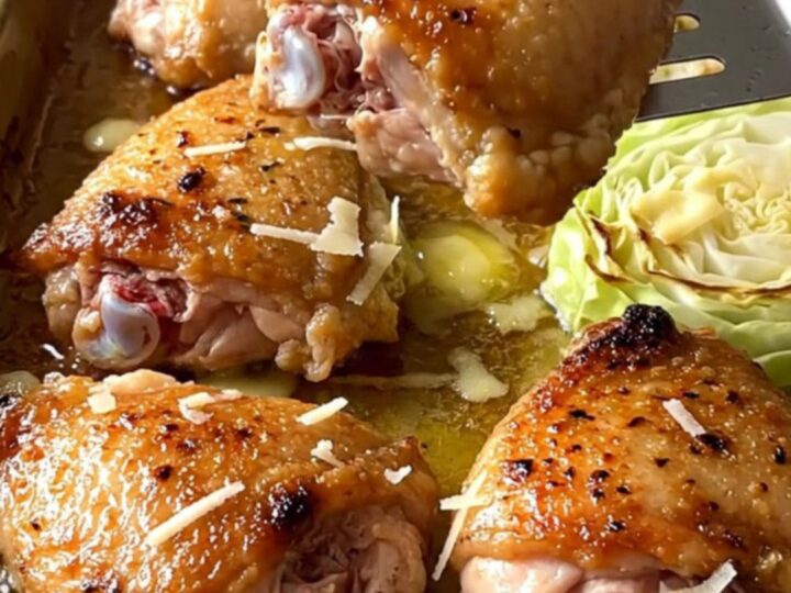 A sheet pan filled with golden-brown chicken thighs and tender roasted cabbage wedges.