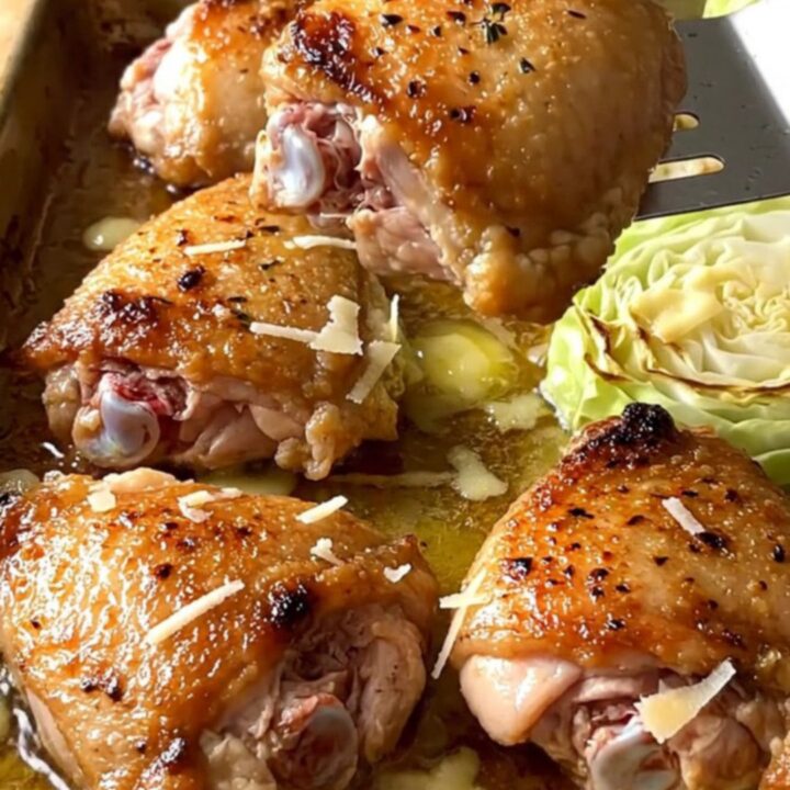 A sheet pan filled with golden-brown chicken thighs and tender roasted cabbage wedges.
