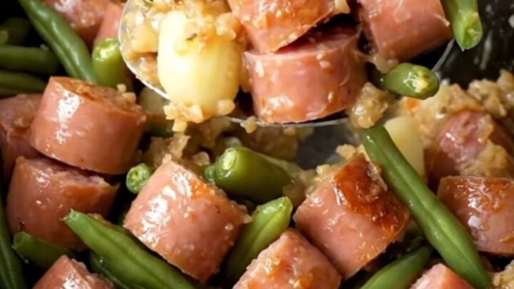 A hearty serving of slow-cooked Italian sausage, baby potatoes, and green beans in a savory herb butter sauce.