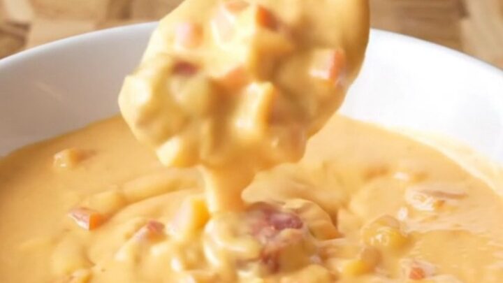 A close-up view of creamy, pale orange Cajun queso in a slow cooker