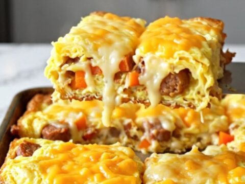 A golden, baked sheet pan breakfast with sausage, potatoes, and melted cheese, cut into squares on a marble surface.
