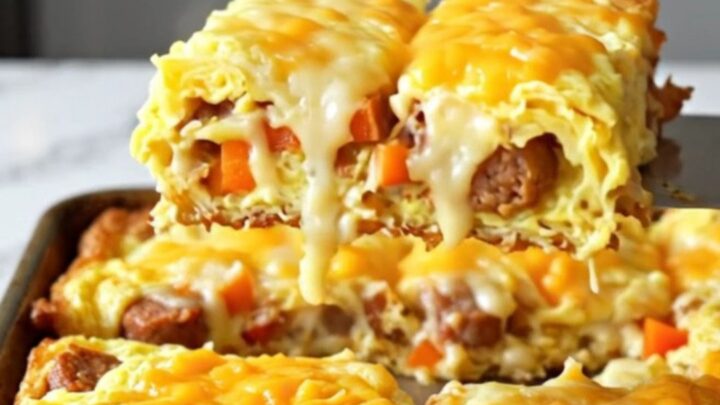 A golden, baked sheet pan breakfast with sausage, potatoes, and melted cheese, cut into squares on a marble surface.