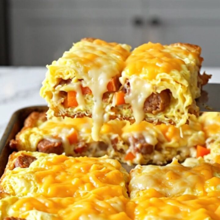 A golden, baked sheet pan breakfast with sausage, potatoes, and melted cheese, cut into squares on a marble surface.