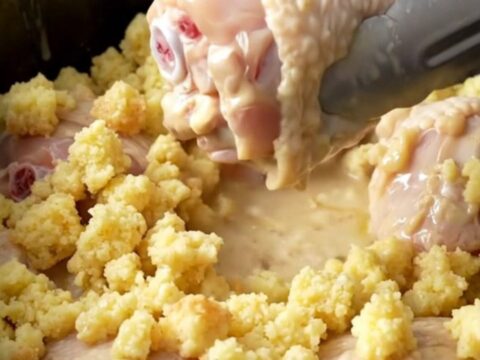 A close-up of tender chicken drumsticks cooked with creamy stuffing in a slow cooker.
