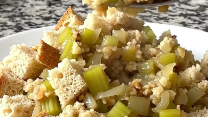 A rustic slow cooker filled with golden, herb-flecked bread stuffing prepared with sage and brown butter.
