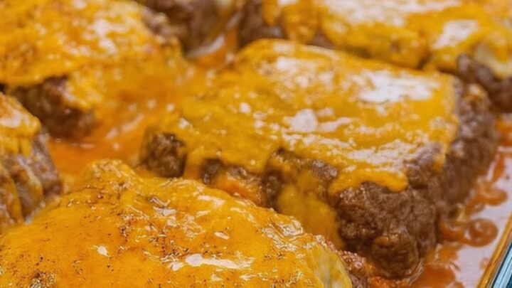 A 9x13 glass casserole dish filled with six golden, cheese-topped hamburger steaks bubbling in rich gravy.