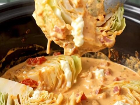 Slow cooker filled with tender green cabbage wedges, bacon, and a rich creamy orange sauce.
