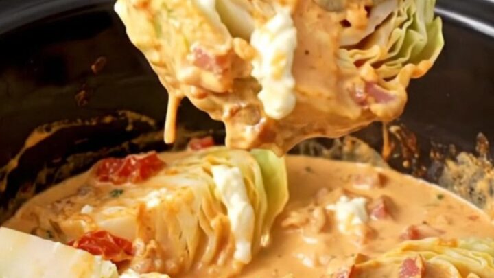 Slow cooker filled with tender green cabbage wedges, bacon, and a rich creamy orange sauce.