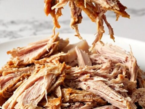A close-up of tender, shredded cranberry BBQ turkey served on a white plate.