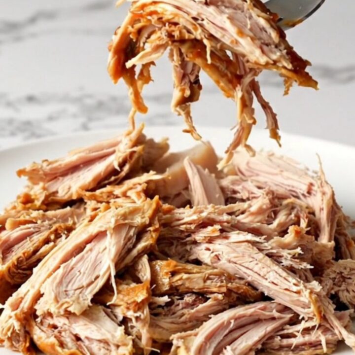 A close-up of tender, shredded cranberry BBQ turkey served on a white plate.