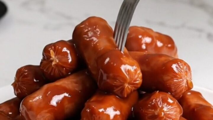 A close-up of plump mini smoked sausages coated in a thick, dark, and glossy barbecue glaze on a white plate.